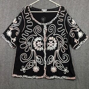 Coral Bay Black Pink Soutache Embroidered Short Sleeve Button Top Plus Size 1X